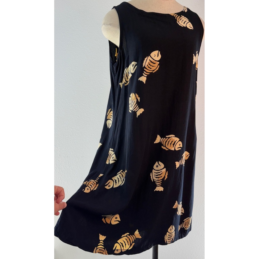 Vintage Peppermint Bay Black Mini Dress Cover Up Fish Novelty Print Vacation Med